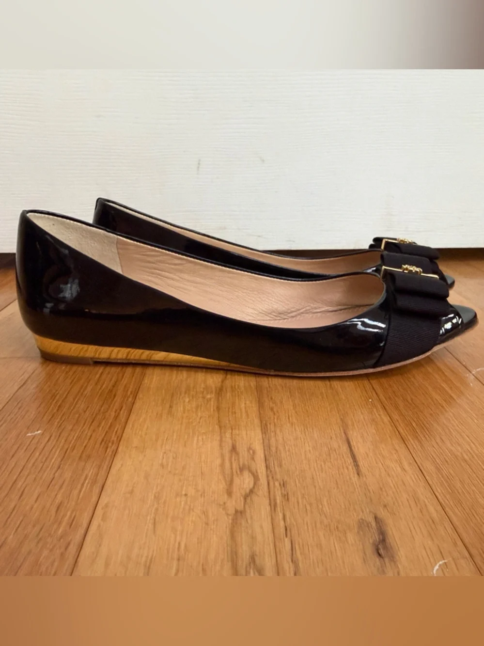 Tory Burch Black Patent Peep-Toe Flats with Grosgrain Bow and Gold Logo Accent - Picture 5 of 5
